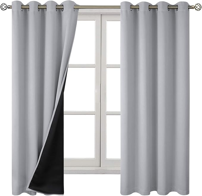 BGment 100% Blackout Curtains for Bedroom with Black Liner, Thermal Insulated Thick Double Layers Total Light Blocking Grommet Window Curtains 63 Inch Length 2 Panels Set (52 x 63 Inch, Light Grey)