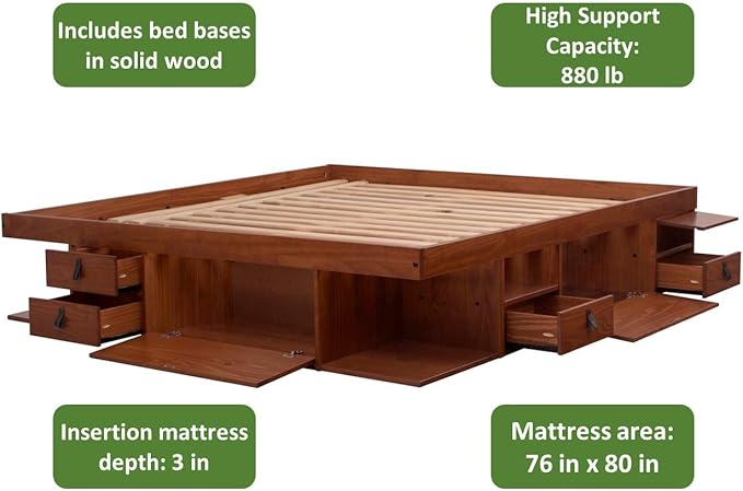 memomad Bali Storage Platform Bed with Drawers (King Size, Caramel Brown Wood)