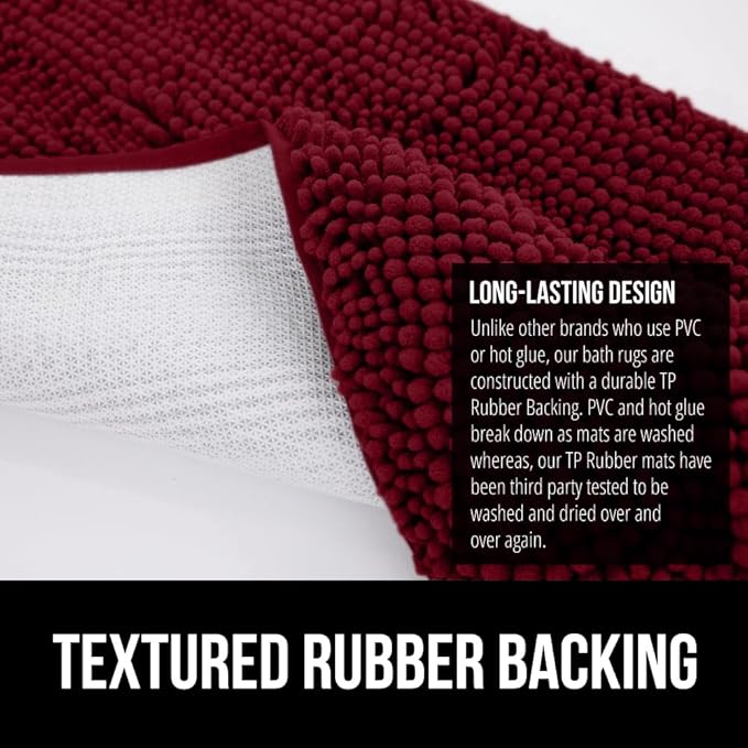 GORILLA GRIP Bathroom Rug Sets 3 Piece, Bath Mat Set and Oval Toilet Base with Rubber Backing, Plush Absorbent Shaggy Chenille Washable Mats, Includes 24x19.5, 24x17 and 30x20 Inch Rugs, Burgundy