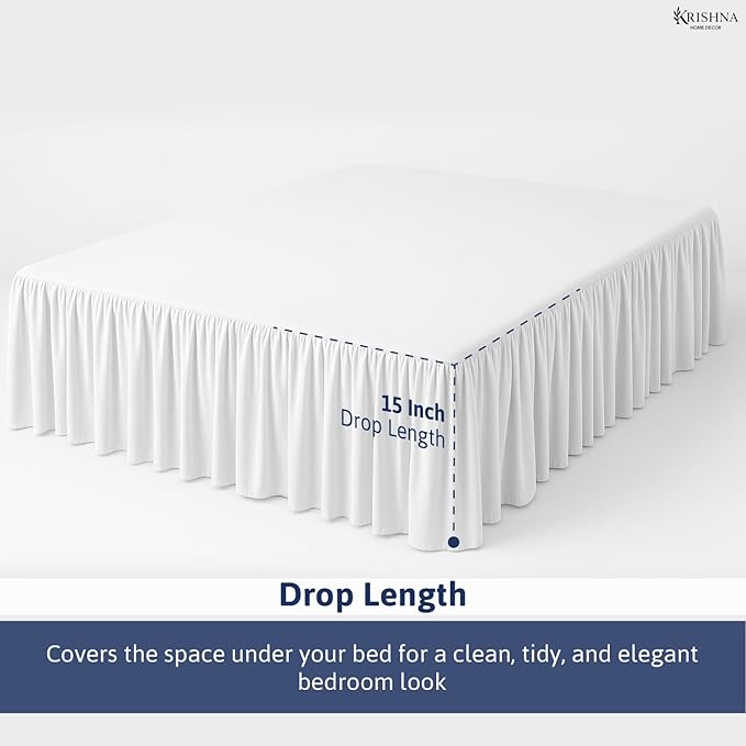 KRISHNA Ruffled Bed Skirt with Split Corners Queen, 100% Microfiber Hotel Quality, 15 Inch Drop Dust Ruffle Gathered Bedskirt with Platform, 60" x 80", White