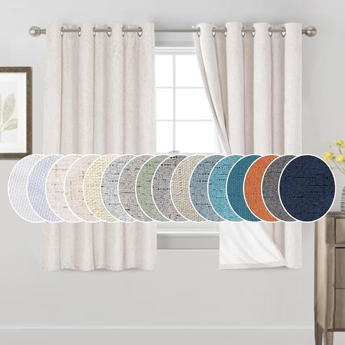 PrinceDeco Blackout Linen Curtains 64 Inch Curtains for Kids Room, Room Darkening Drapes for Bedroom,100% Black Out Textured Thermal Drapes Privacy Protection 2 Panels Set,Ivory, W42 x L64