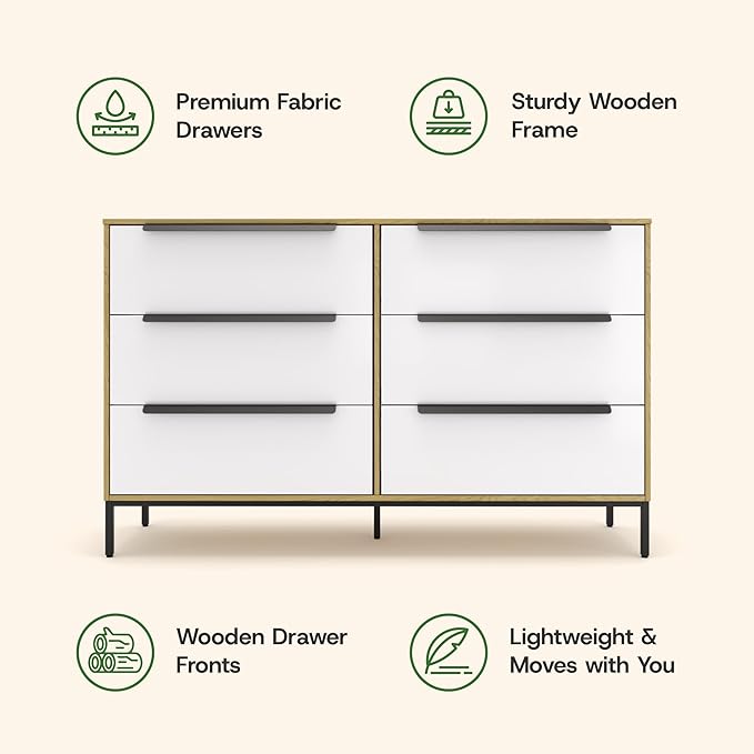 tinge Lira Premium Fabric Dresser - Solid Wooden Frame, 6 Spacious Sag-Proof Drawers with Sleek Metal Handles - Premium & Durable Storage Solution for Your Home (Light Brown)