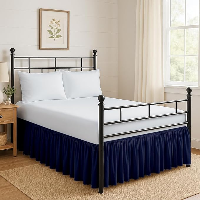 Ruffled Bed Skirt Split Corners with Platform, Tailored Fit Hotel Quality Wrinkle Free Ultra-Soft Microfiber Dust Ruffle, Upto 24 Inch Drop, Twin XL, Navy Blue