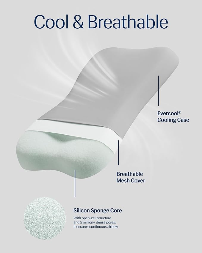 REST® Evercool® Cooling Pillow, Instant Cool-to-Touch Shell Fabric & Breathable Silicone Sponge Core for All-Night Temperature Regulation & Ergonomic Support, High, Light Gray