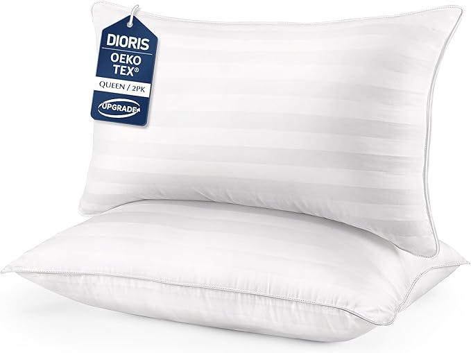 DIORIS Pillows Queen Size Set of 2 - Luxury Hotel Bed Pillows for Sleeping, Premium Fluffy Soft Down Alternative Fill Pillows for Back, Stomach, Side Sleepers, Supportive, Breathable, Skin-Friendly