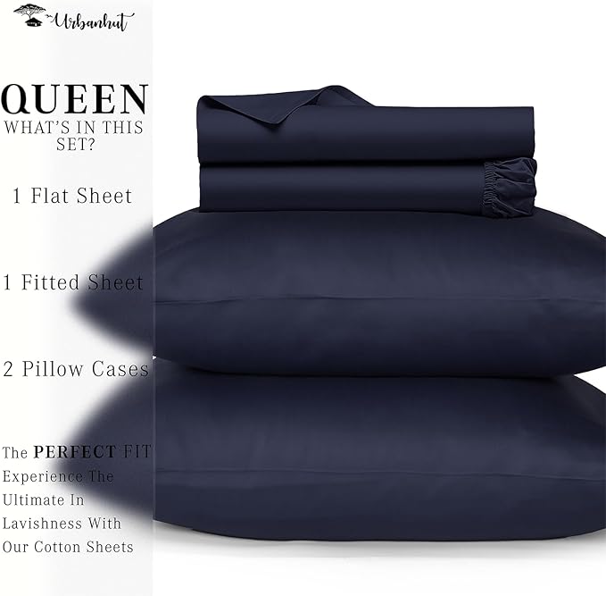 URBANHUT 800 Thread Count 100% Cotton Queen Size Sheets, Luxury 4 Piece Queen Bedsheets, Hotel Sheets Sateen Finish - Better Than Egyptian, 16" Elasticized Deep Pocket - Navy Blue
