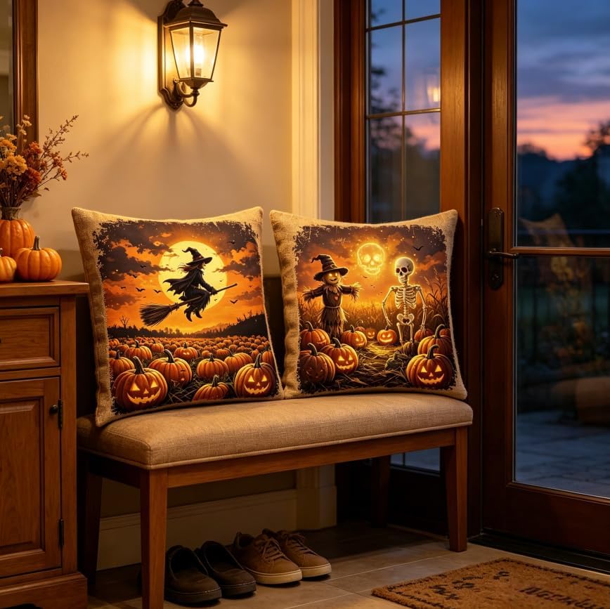Halloween Throw Pillow Covers, 18x18 Inch, Witch and Skeleton Pumpkin Design - Image 5