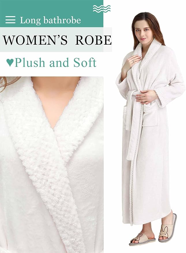 Artfasion Womens Long Fleece Robe - Warm Soft Floor Length Flannel Bathrobes for Winter Thicker Long House Coat with Pockets