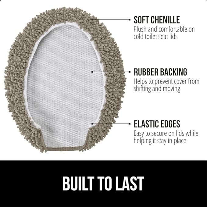 GORILLA GRIP Soft Chenille Bathroom Toilet Lid Cover, Machine Washable Seat Covers, 19.5x18.5, Stays in Place Rubber Backing, Fits Most Round, Elongated and Oblong Lids, Accessories Decor, Latte