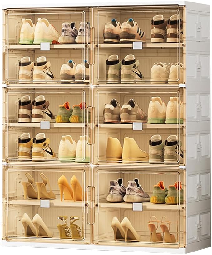24 Pairs Shoes Storage Cabinet of 3-Step Fast Installation,Plastic Shoe Box with Clear Magnetic Door for Display, Shoe Organizer for Sneaker, Sandals, Heels (2 Row, 6 Tier)