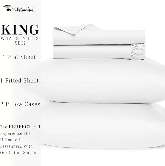 URBANHUT 800 Thread Count 100% Cotton King Size Sheets, Luxury 4 Piece King Bedsheets, Hotel Sheets Sateen Finish - Better Than Egyptian, 16" Elasticized Deep Pocket - White