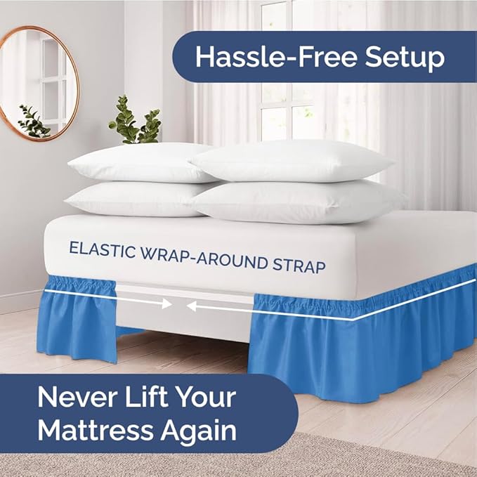 Wrap Around Dust Ruffle Bed Skirt - Royal Blue - for King Size Beds w/ 12 Inch Drop - Easy Fit Elastic Strap - Adjustable Pleated Bedskirt w/Brushed Fabric - Wrinkle Free, Women, Men, Kids & Teens