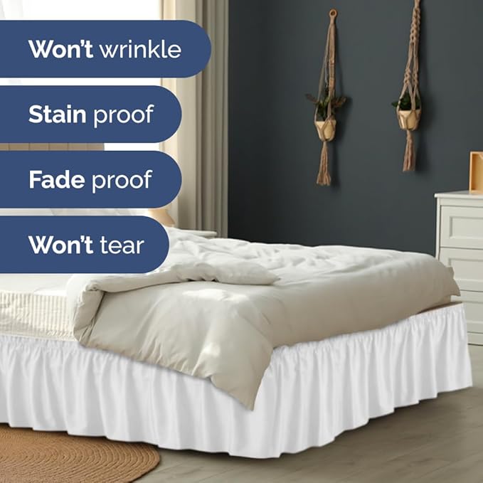 Wrap Around Dust Ruffle Bed Skirt - White - for King Size Beds with 12 Inch Drop - Easy Fit Elastic Strap - Adjustable Pleated Bedskirt w/Brushed Fabric - Wrinkle Free - for Women, Men, Kids & Teens