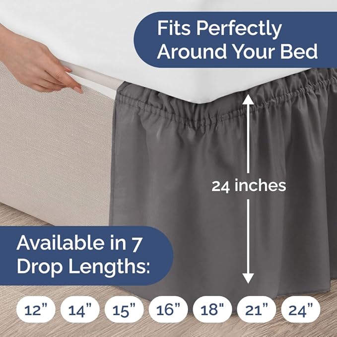 Wrap Around Dust Ruffle Bed Skirt - Dark Grey - for King Size Beds with 24 Inch Drop - Elastic Strap - Adjustable Pleated Bedskirt with Brushed Fabric and Wrinkle Free - for Women, Men, Kids & Teens