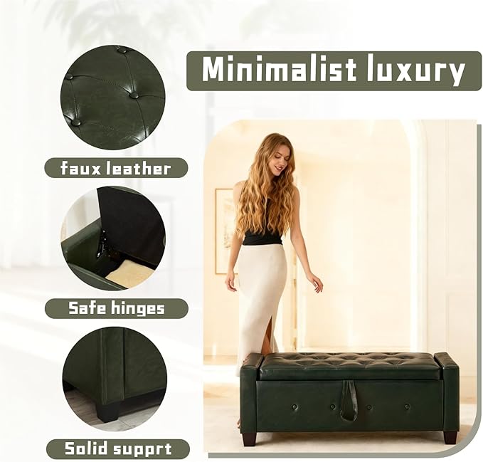 48" Storage Ottoman Bench, Upholstered Button-Tufted End of Bed Bench with Soft-Close Hinge & Solid Wood Legs, Foot Rest for Living Room, Bedroom, Hallway (Faux Leather, Dark Green)