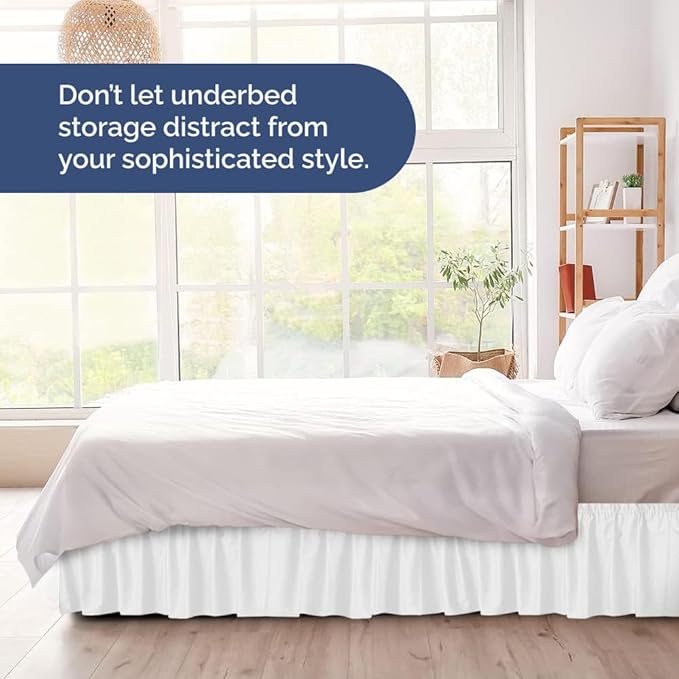 Wrap Around Dust Ruffle Bed Skirt - White - for Queen Size Beds with 21 Inch Drop - Easy Fit Elastic Strap - Adjustable Pleated Bedskirt w/Brushed Fabric - Wrinkle Free - for Women, Men, Kids & Teens