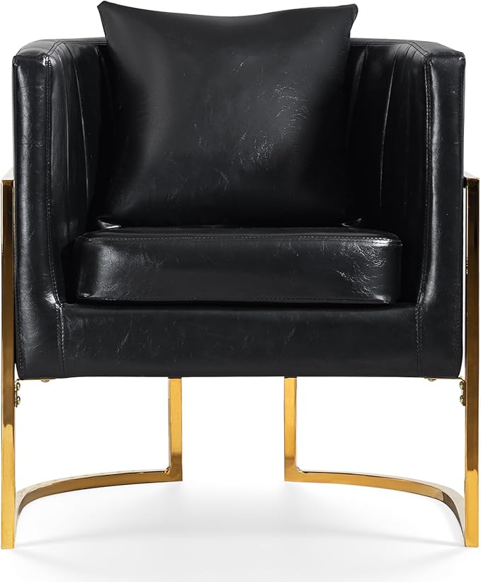 Modern Leather Accent Chairs Set of 2, Mid Century Upholstered Barrel Armchair with Pillow for Living Room, Comfy Single Vanity Chair with Metal Gold Legs for Bedroom, Black