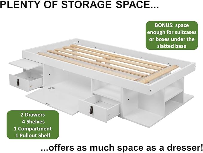 memomad Bali Storage Platform Bed with Drawers (Twin Size, Off White)
