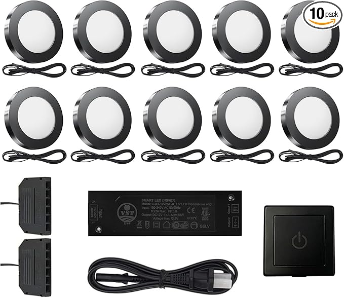 VST Under Cabinet Lighting Plug in with Wired Touch Dimmer Switch,Recessed or Surface Mount Design,Natural White 4000K 12V 2W(20W Total, 10 Pack Black) Puck Lights Fixtures
