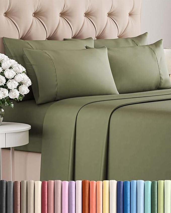 Cal King 6 Piece Sheet Set - Cooling & Breathable - Hotel Luxury Bedding, Includes Fitted Sheet for Women, Men, Kids and Teens - 1 Flat, 1 Fitted Sheet, 4 Pillowcases with Deep Pockets - Sage Green