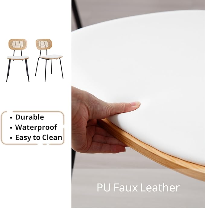 HEAH-YO Dining Chairs Set of 2, Upholstered Faux Leather Rattan Dining Chairs with Backrest and Metal Legs, Armless Kitchen Rattan Chairs for Dining Room, White