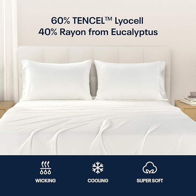 Reebok Queen Sheet Set from Tencel Eucalyptus - Soft, Cooling & Breathable for Hot Sleepers, Deep Pocket Up to 17 Inches, 4Pc Hotel Luxury Bedding Set, Bedsheet & Pillowcases (White, Queen)