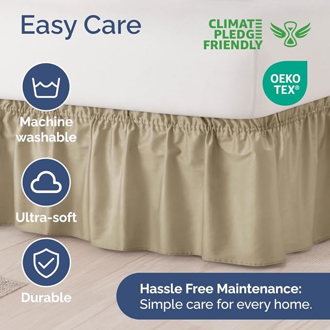 Wrap Around Dust Ruffle Bed Skirt - Beige - Twin/Twin XL Size Beds with 21 Inch Drop - Easy Fit Elastic Strap - Adjustable Pleated Bedskirt w/Brushed Fabric - Wrinkle Free - Women, Men, Kids & Teens