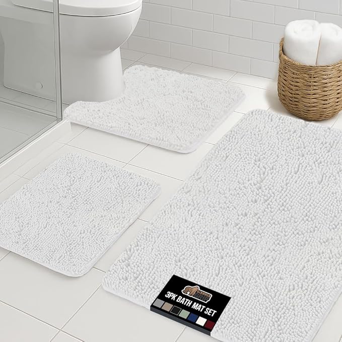 GORILLA GRIP Bathroom Rug Sets 3 Piece, Bath Mat Set and Oval Toilet Base with Rubber Backing, Plush Absorbent Shaggy Chenille Washable Mats, Includes 24x19.5, 24x17 and 36x24 Inch Rugs, White