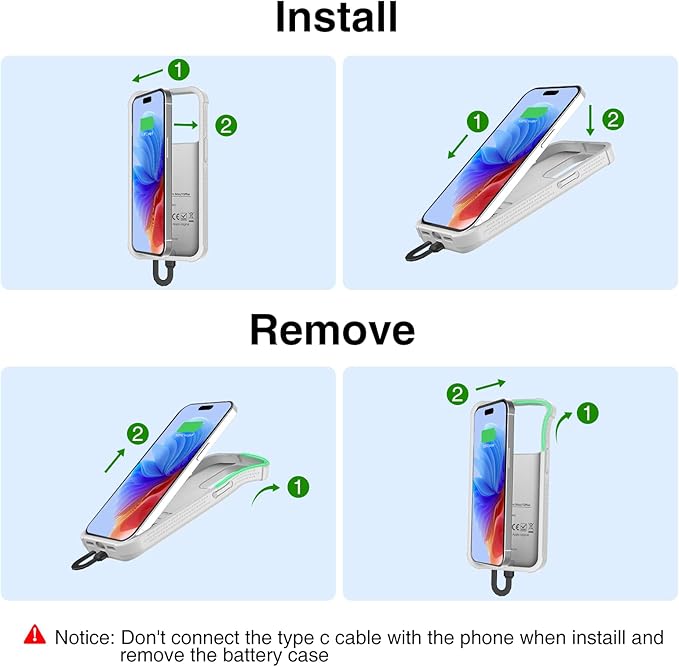 GIN FOXI Fast Charging Battery Case for iPhone 15 Pro Max/15 Plus, 8000mAh 15W Ultra Slim Charger Case Rechargeable Portable Extended Power Bank Case Cover Battery Pack Built-in Cable, Grey(6.7”)
