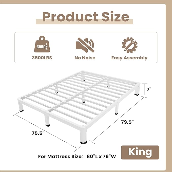 ROIL 7 Inch White King Bed Frame with Rounded Corner and Mattress Retainers, 3500LBS Heavy Duty Steel Slats No Box Spring Needed Platform Noise-Free Easy Assembly