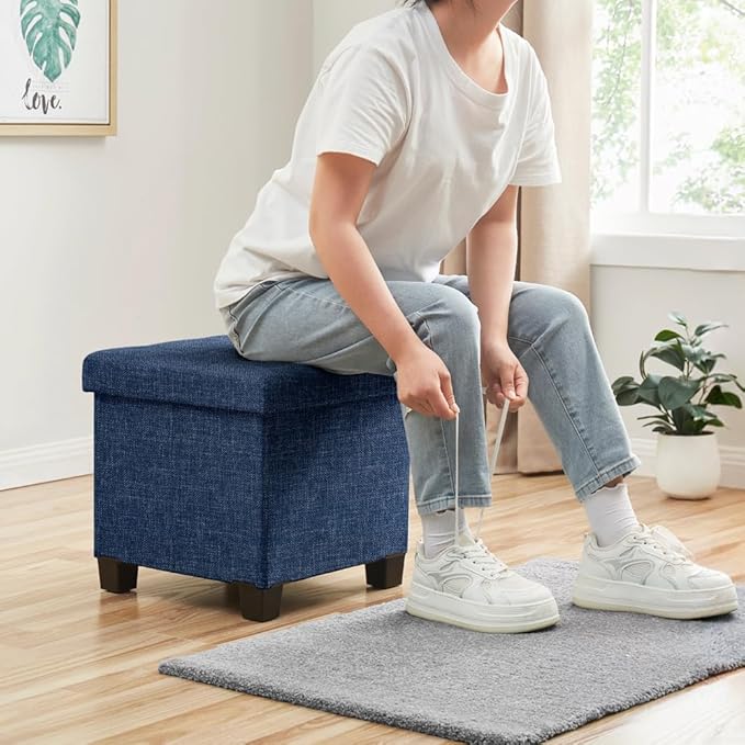 Ornavo Home 15 Inch Folding Storage Ottoman with Storage, Square Cube Linen Small Storage Ottoman Foot Rest Stool with Legs - Navy Blue