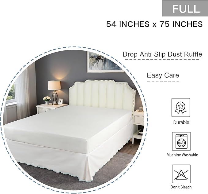 HIG Off-White Chic Full Bed Skirt - Easy Fit Scallop Edge Pleated Bedskirts, 14 Inch Drop Anti-Slip Dust Ruffle, Thick Fabric for Enhanced Privacy, Pre-Washed for Long-Lasting Use(N60022)