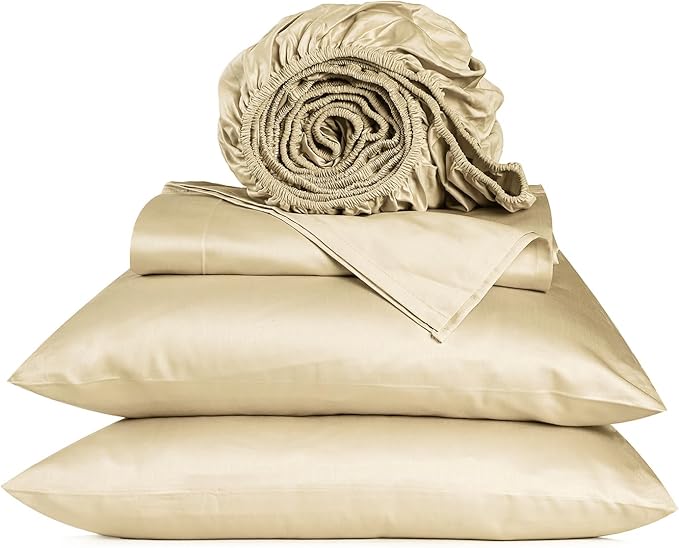 URBANHUT 800 Thread Count 100% Cotton Twin Size Sheets, Luxury 4 Piece Twin Bedsheets, Hotel Sheets Sateen Finish - Better Than Egyptian, 14" Elasticized Deep Pocket - Sand