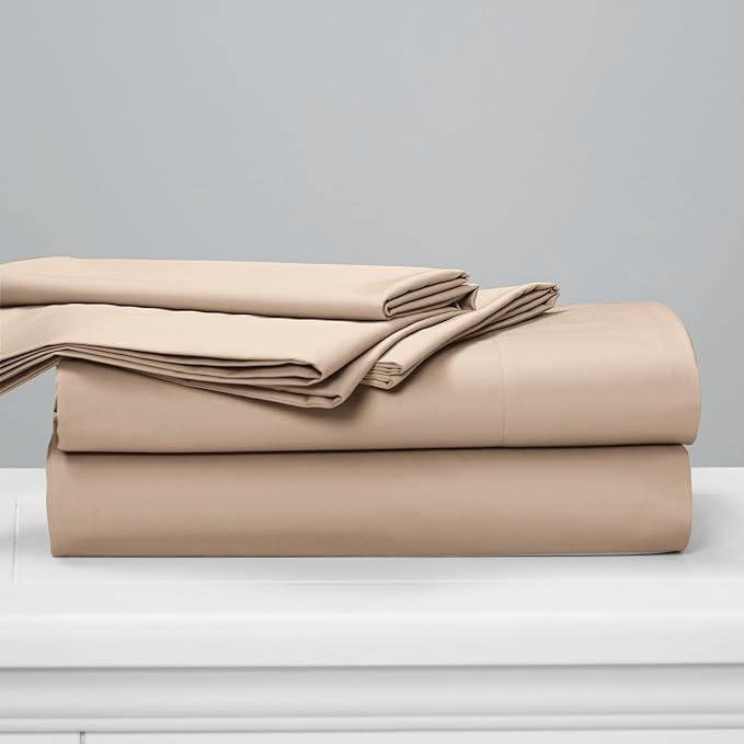 Cuddledown Dreamstead 100% Cotton Bed Sheets Set | 300 Thread Count | Luxurious Sateen Weave | Pure Combed Cotton | Soft | Wrinkle Resistant | 4 Piece Set | Khaki | King | 78” x 80”