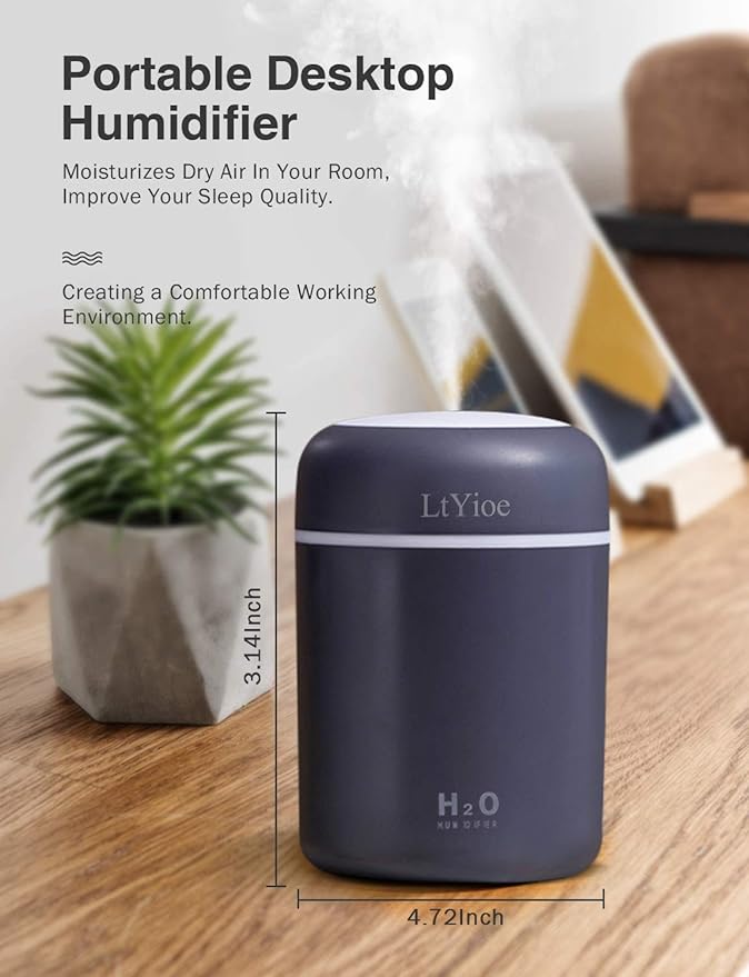 Colorful Cool Mini Humidifier, USB Personal Desktop Humidifier for Car, Office Room, Bedroom,etc. Auto Shut-Off, 2 Mist Modes, Super Quiet. (Navy)(Black)