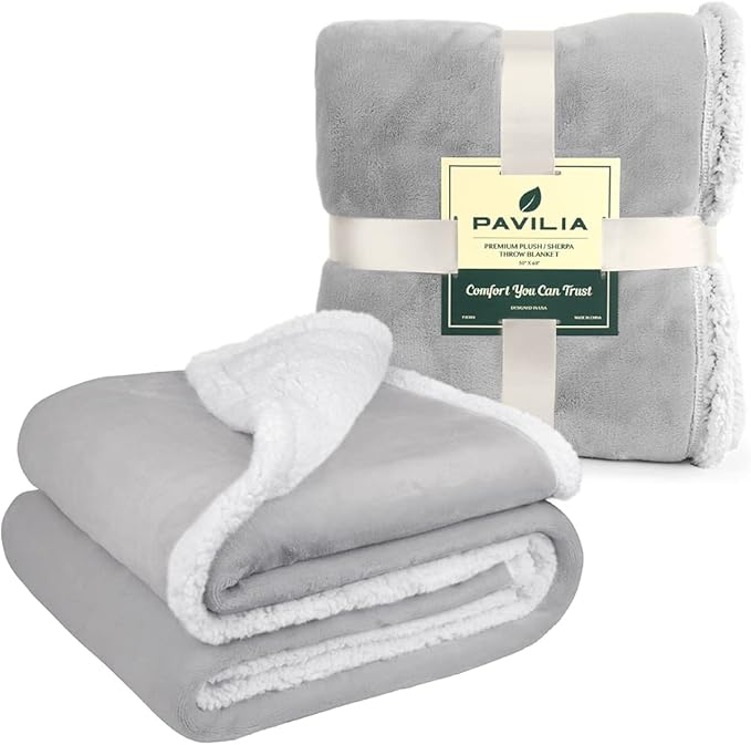 PAVILIA Sherpa Fleece Throw Blanket for Couch, Twin Size, Light Grey, Plush Soft Fuzzy Sofa Blanket, Cozy Reversible Winter Throw for Women Men, 60x80 Inches