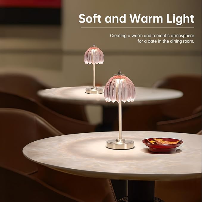 Tulip Table Lamp with 5200mAh Battery & Touch Control, Cordless Small Table Lamp with 3 Colors, Dimmable Rechargeable Table Lamps for Living Room, Bedroom, Desk, Bedside (Clear Pink Tulip)