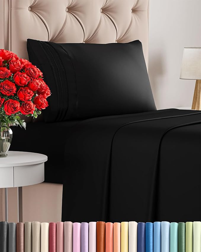 Twin Size 3 Piece Sheet Set - Comfy Breathable & Cooling Bed Sheets Set - Hotel Luxury Bedding for Women, Men, Kids, Teens, Boys & Girls - Deep Pockets, Ultra-Soft and Wrinkle Free - Oeko-Tex - Black