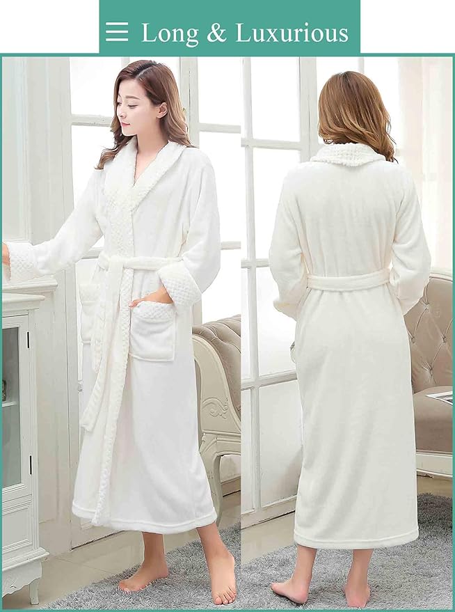 Artfasion Womens Long Fleece Robe - Warm Soft Floor Length Flannel Bathrobes for Winter Thicker Long House Coat with Pockets