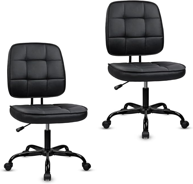 CLATINA Armless Home Office Chair with Lumbar Support and Wheels, Small PU Leather Ergonomic Low Back Desk Chairs No Arms, Adjustable Height 360° Swivel Rolling Computer Task Chair, Black, 2 Pack