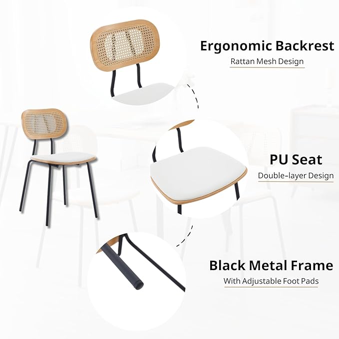 HEAH-YO Dining Chairs Set of 6, Upholstered Faux Leather Rattan Dining Chairs with Backrest and Metal Legs, Armless Kitchen Rattan Chairs for Dining Room, White
