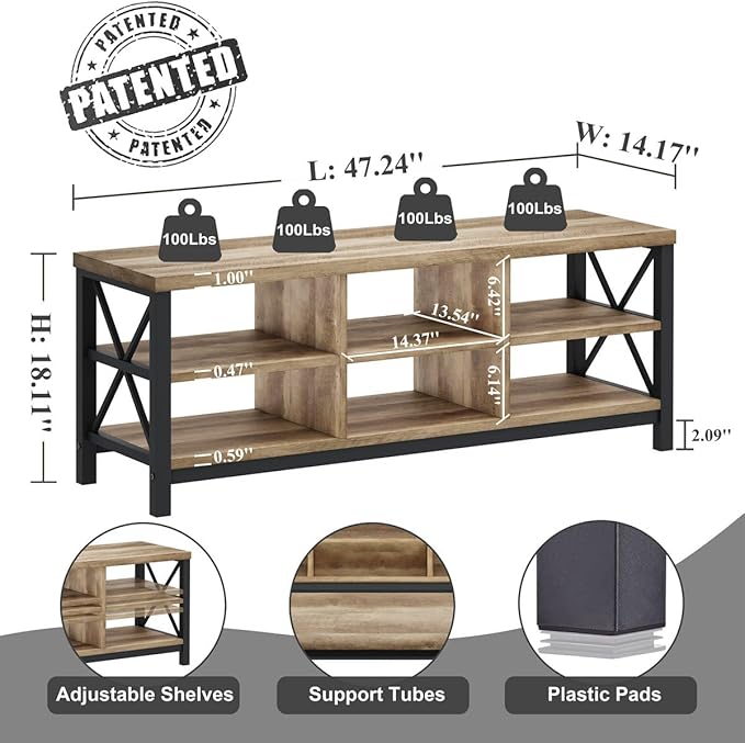 FATORRI Shoe Bench Entryway with Storage, Industrial Wood and Metal Hallway Benches with Adjustable Shelves, Rustic Entry Way Bench for Living Room (47.24 Inch Long, Rustic Oak)