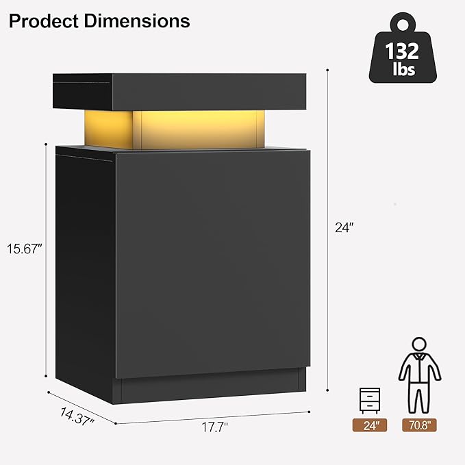 MXV Nightstand Set of 2 with LED Lights,Night Stand with Storage Cabinet for Bedroom,Bedside Table with LED (Black, 17.7IN)