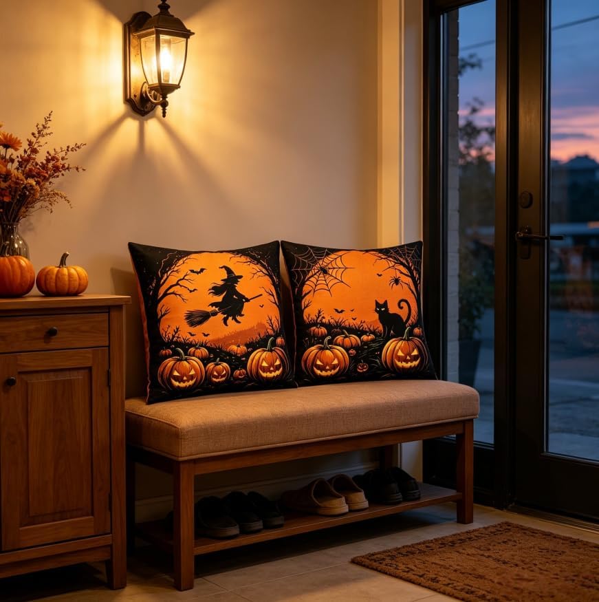 Halloween Throw Pillow Covers, Witch and Black Cat Design, 18x18 Inch, - Image 5