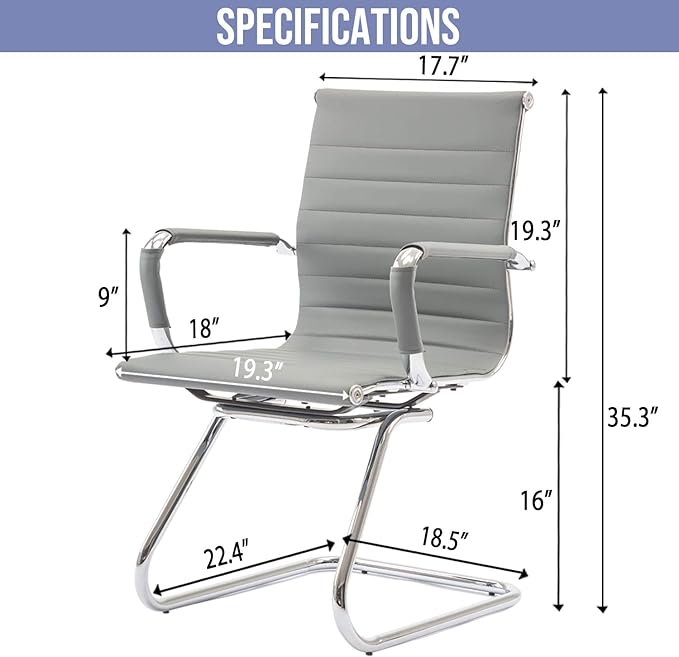 Wahson Office Guest Chairs Set of 6, Leather Reception Chairs, Mid Back Waiting Room Chair, Conference Chairs with Sled Base, Desk Chair No Wheels for Meeting/Lobby/Restroom, Grey