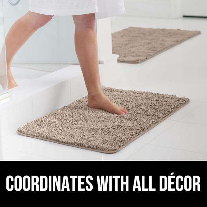 GORILLA GRIP Bath Rug Mat 42x24, Thick Absorbent Chenille, Quick Dry Microfiber Mats, Rubber Backing Washable Shower Floor Rugs, Bathmat Runner, US Designed Bathroom Home Decor Accessories Gray Beige