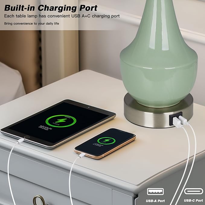 Modern Green Table Lamp Set of 2, 24" Ceramic Table Lamp with USB A+C Ports,Classic Beside Lamps Nightstand Lamp Modern Lamp for Living Room, Bedroom & Office -LED Bulbs Included