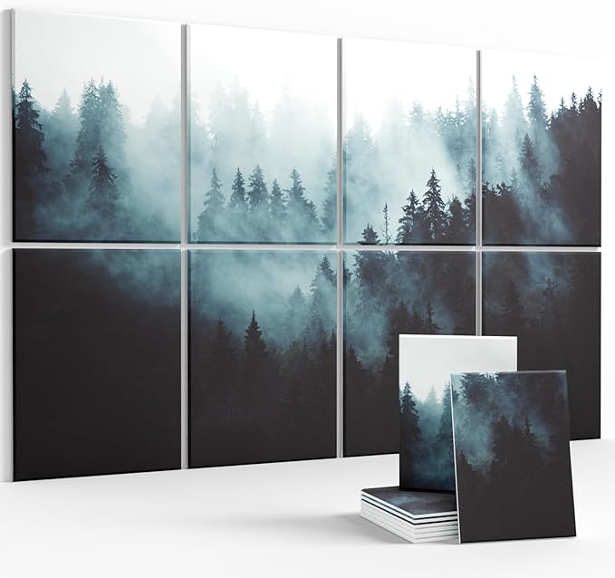 Wall Art Acoustic Panels,35''X24''Soundproof Wall Panels-8-Pack with 50 Adhesive Tabs, Panels for Living Room and Recording Studio, Offices-Foggy Nature Forest