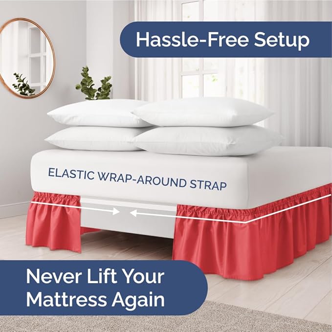 Wrap Around Dust Ruffle Bed Skirt - Red - for Queen Size Beds with 15 Inch Drop - Easy Fit Elastic Strap - Adjustable Pleated Bedskirt w/Brushed Fabric - Wrinkle Free - for Women, Men, Kids & Teens