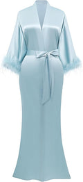 PRODESIGN Satin Kimono Robe Long Silky Bathrobe with Ostrich Feather Trim Sleepwear Wedding Bridesmaid Dressing Gown